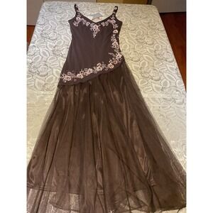 R&M Richards Gown Womens 6P Brown NWT Floral Embroidered Tulle Maxi Dress